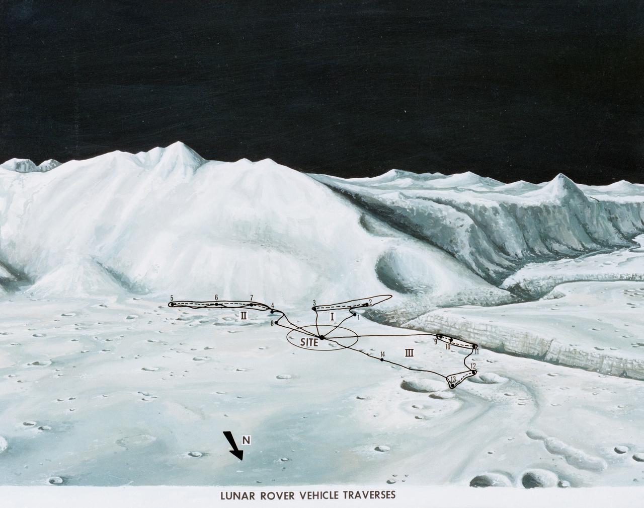 S71-33433 (1 July 1971) --- An artist's concept of the Hadley-Apennine landing site, depicting the traverses planned on the Apollo 15 lunar landing mission using the Lunar Roving Vehicle (LRV). The Roman numerals indicate the three periods of extravehicular activity (EVA). The Arabic numbers represent the station stops. This artist's concept was excerpted from "On the Moon with Apollo 15: A Guidebook to Hadley Rille and the Apennine Mountains," by Gene Simmons. The station stops indicated here are keyed to information given in the publication. Artwork by Jerry Elmore.