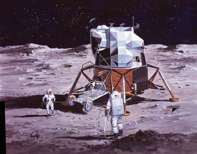 NASA image: Artists concept of Apollo 15 crewmen performing deployment of LRV