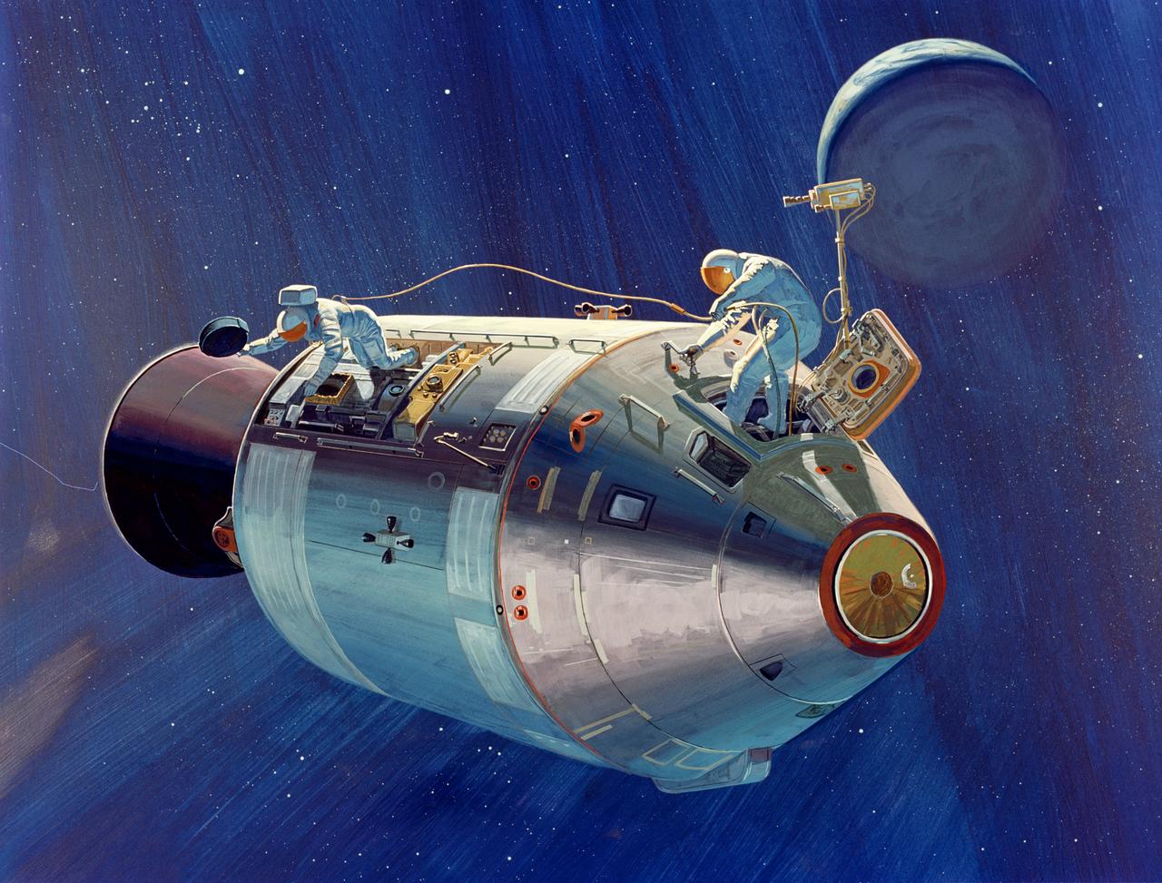 S71-39614 (July 1971) --- An artist's concept of the Apollo 15 Command and Service Modules (CSM), showing two crewmembers performing a new-to-Apollo extravehicular activity (EVA). The figure at left represents astronaut Alfred M. Worden, command module pilot, connected by an umbilical tether to the CM, at right, where a figure representing astronaut James B. Irwin, lunar module pilot, stands at the open CM hatch. Worden is working with the panoramic camera in the Scientific Instrument Module (SIM). Behind Irwin is the 16mm data acquisition camera. Artwork by North American Rockwell.