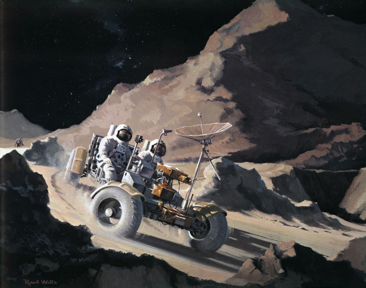 S71-39868 (July 1971) --- An artist's concept of the Apollo 15 Hadley-Apennine landing area showing the two moon-exploring crewmen on a traverse in their Lunar Roving Vehicle (LRV). The two figures represent astronauts David R. Scott, commander, and James B. Irwin, lunar module pilot. The artwork is by Teledyne Ryan.