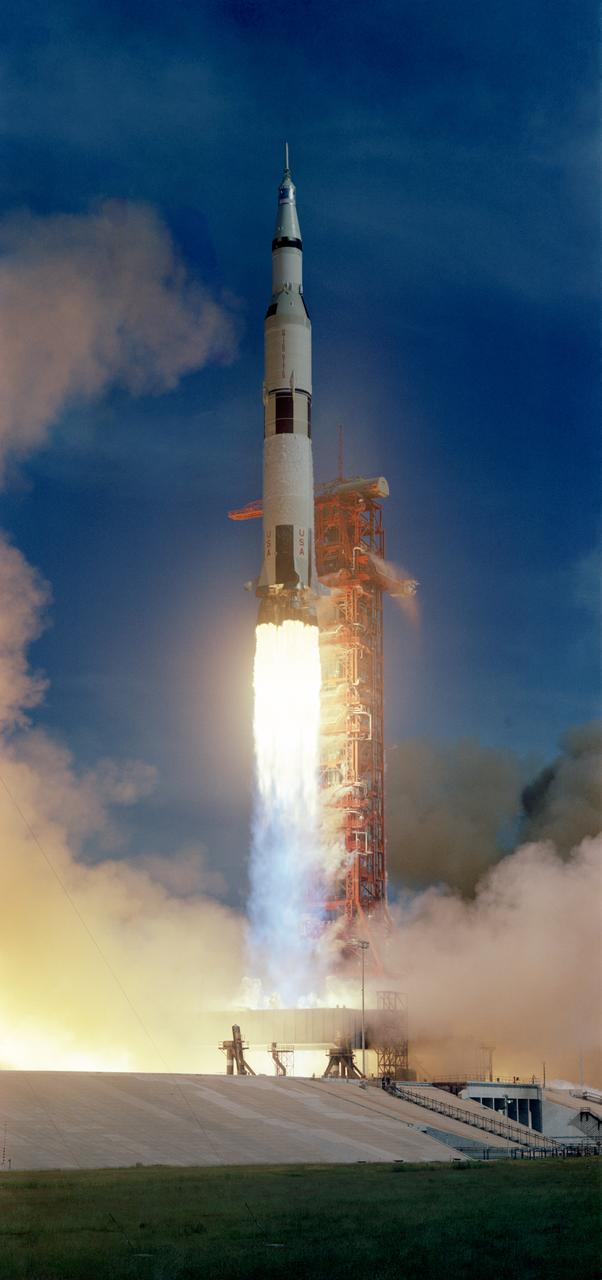 S71-41356 (26 July 1971) --- The huge, 363-feet tall Apollo 15 (Spacecraft 112/Lunar Module 10/Saturn 510) space vehicle is launched from Pad A, Launch Complex 39, Kennedy Space Center (KSC), Florida, at 9:34:00:79 a.m. (EDT), July 26, 1971, on a lunar landing mission. Aboard the Apollo 15 spacecraft were astronauts David R. Scott, commander; Alfred M. Worden, command module pilot; and James B. Irwin, lunar module pilot. Apollo 15 is the National Aeronautics and Space Administration's (NASA) fourth manned lunar landing mission. While astronauts Scott and Irwin will descend in the Lunar Module (LM) to explore the moon, astronaut Worden will remain with the Command and Service Modules (CSM) in lunar orbit.