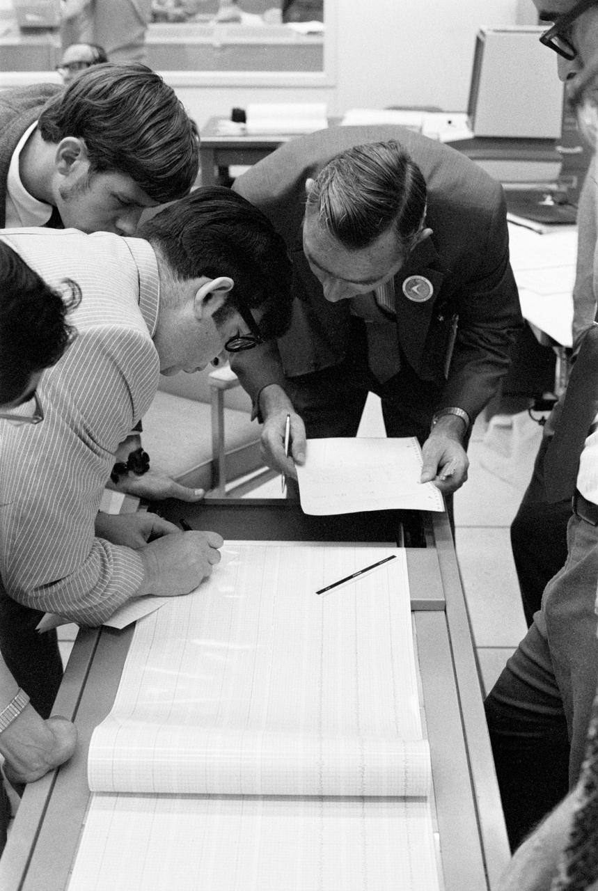 The seismometer reading from the impact made by the Apollo 15 Saturn S-IVB stage when it struck the lunar surface is studied by scientists in the Mission Control Center. Dr. Gary Latham (dark suit, wearing lapel button) of Columbia University is responsible for the design and experiment data analysis of the Passive Seismic Experiment of the Apollo Lunar Surface Experiment Package (ALSEP). The man on the left, writing, is Nafi Toksos of the Massachusetts Institute of Technology. Looking on at upper left is Dave Lamneline, also with Columbia.