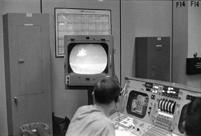 NASA image: Apollo 15 Lunar Module (LM) View - Liftoff - Moon - TV Monitor - Mission Control Center (MCC) - MSC