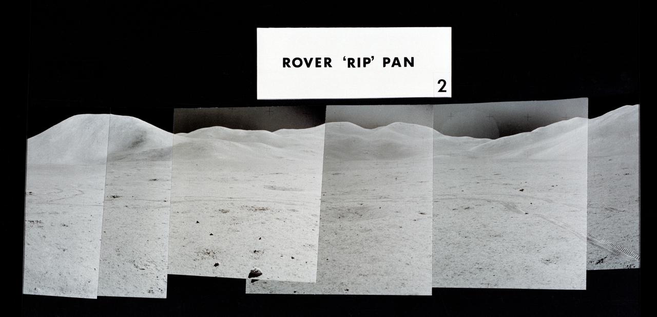 S71-43943 (2 Aug. 1971) --- Mosaic photographs which compose a 360-degree panoramic view of the Apollo 15 Hadley-Apennine landing site, taken near the close of the third lunar surface extravehicular activity (EVA) by astronauts David Scott and James Irwin. This group of photographs was designated the Rover "RIP" Pan because the Lunar Roving Vehicle was parked in its final position prior to the two crewmen returning to the Lunar Module. The astronaut taking the pan was standing 325 feet east of the Lunar Module (LM). The Rover was parked about 300 feet east of the LM. This mosaic covers a field of view from about north-northeast to about south. Visible on the horizon from left to right are: Mount Hadley; high peaks of the Apennine Mountains which are farther in the distance than either Mount Hadley or Hadley Delta Mountain; Silver Spur on the Apennine Front; and the eastern portion of Hadley Delta. Note Rover tracks in the foreground. The numbers of the other two views composing the 360-degree pan are S71-43940 and S71-43942.
