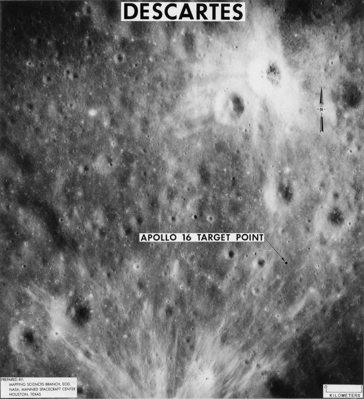S71-44150 (February 1971) --- A vertical view of the Apollo 16 landing site located in the Descartes area on the lunar nearside. The overlay indicates the location of the proposed touchdown point for the Apollo 16 Lunar Module (LM). Descartes is located west of the Sea of Nectar and southwest of the Sea of Tranquility. This photograph was taken with a 500mm lens camera from lunar orbit by the Apollo 16 crew. Astronauts John W. Young, commander; and Charles M. Duke Jr., lunar module pilot; descended in the Apollo 16 LM "Orion" to explore the Descartes highlands landing site on the moon. Astronaut Thomas K. Mattingly II, command module pilot, remained with the Command and Service Modules (CSM) "Casper" in lunar orbit.