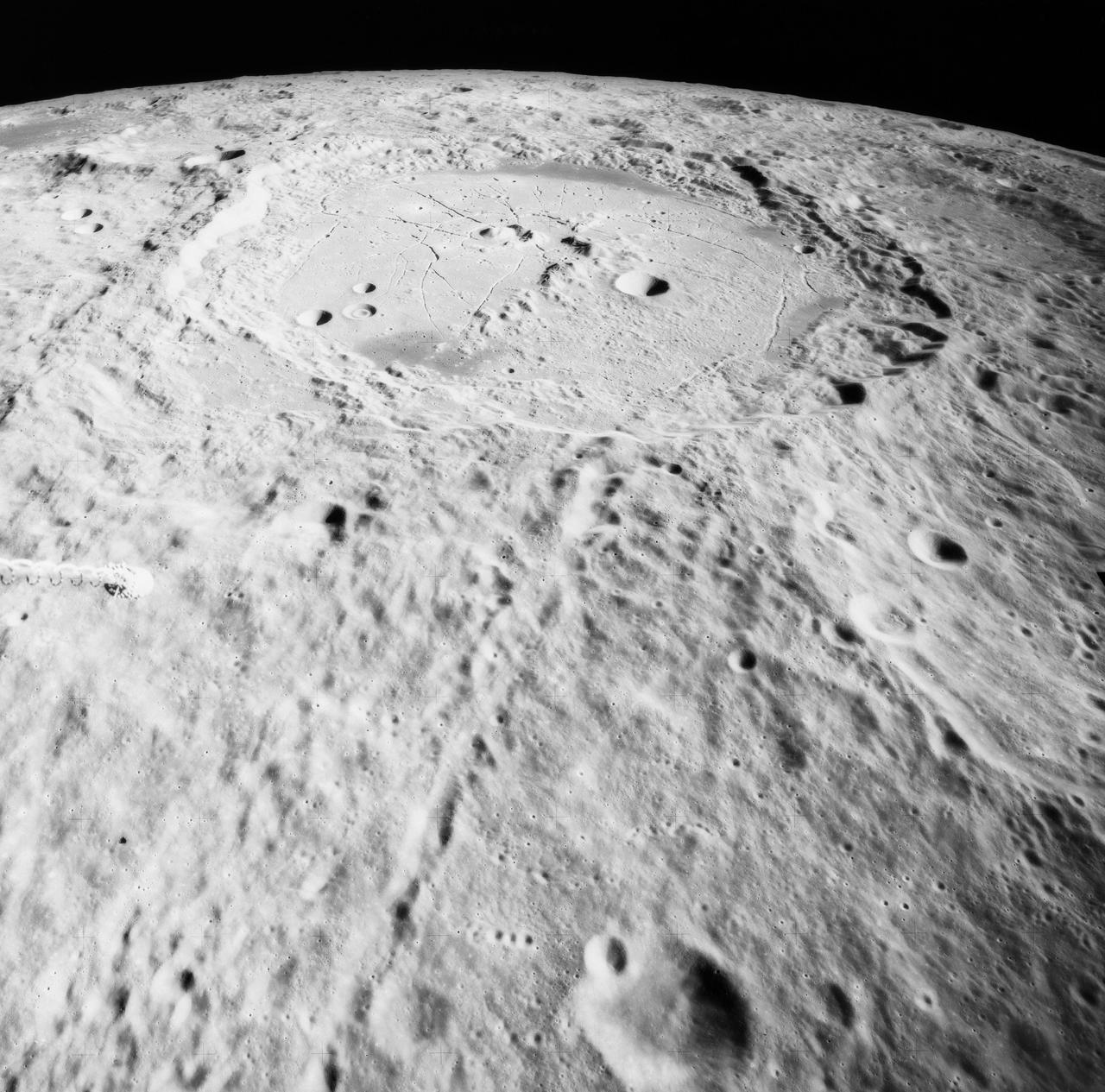 S71-44668 (31 July-2 Aug. 1971) --- An oblique view of the crater Humboldt, as photographed by the Fairchild metric camera in the Scientific Instrument Module (SIM) bay of the Apollo 15 Command and Service Modules (CSM) in lunar orbit. This view is looking southerly. Humboldt, which is 200 kilometers (124 statute miles) in diameter, is located at 81 degrees east longitude and 27 degrees south latitude. The three-inch mapping camera was one of eight lunar orbital science experiments located in the SIM bay.