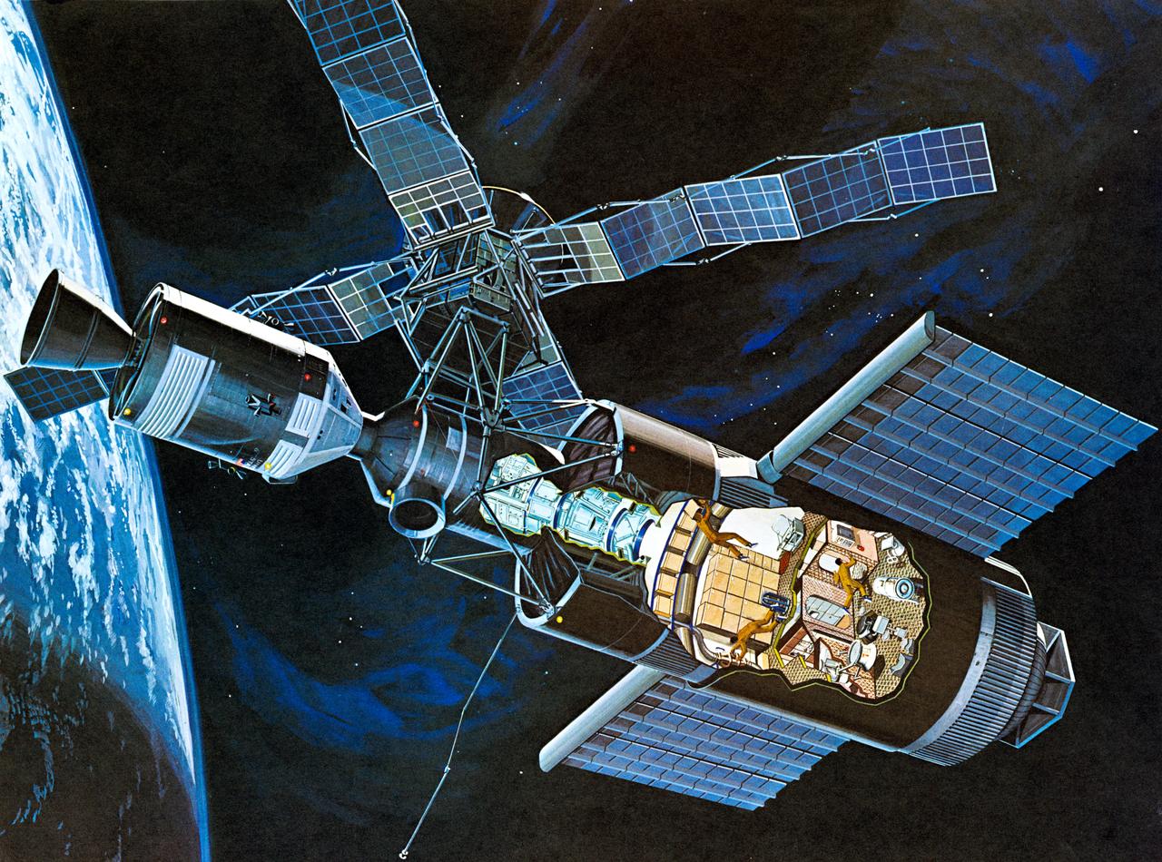 S71-52192 (1971) --- An artist's concept of the Skylab space station cluster in Earth's orbit. The cutaway view shows astronaut activity in the Orbital Workshop (OWS). The Skylab cluster is composed of the OWS, Airlock Module (AM), Multiple Docking Adapter (MDA), Apollo Telescope Mount (ATM), and the Command and Service Module (CSM). Photo credit: NASA