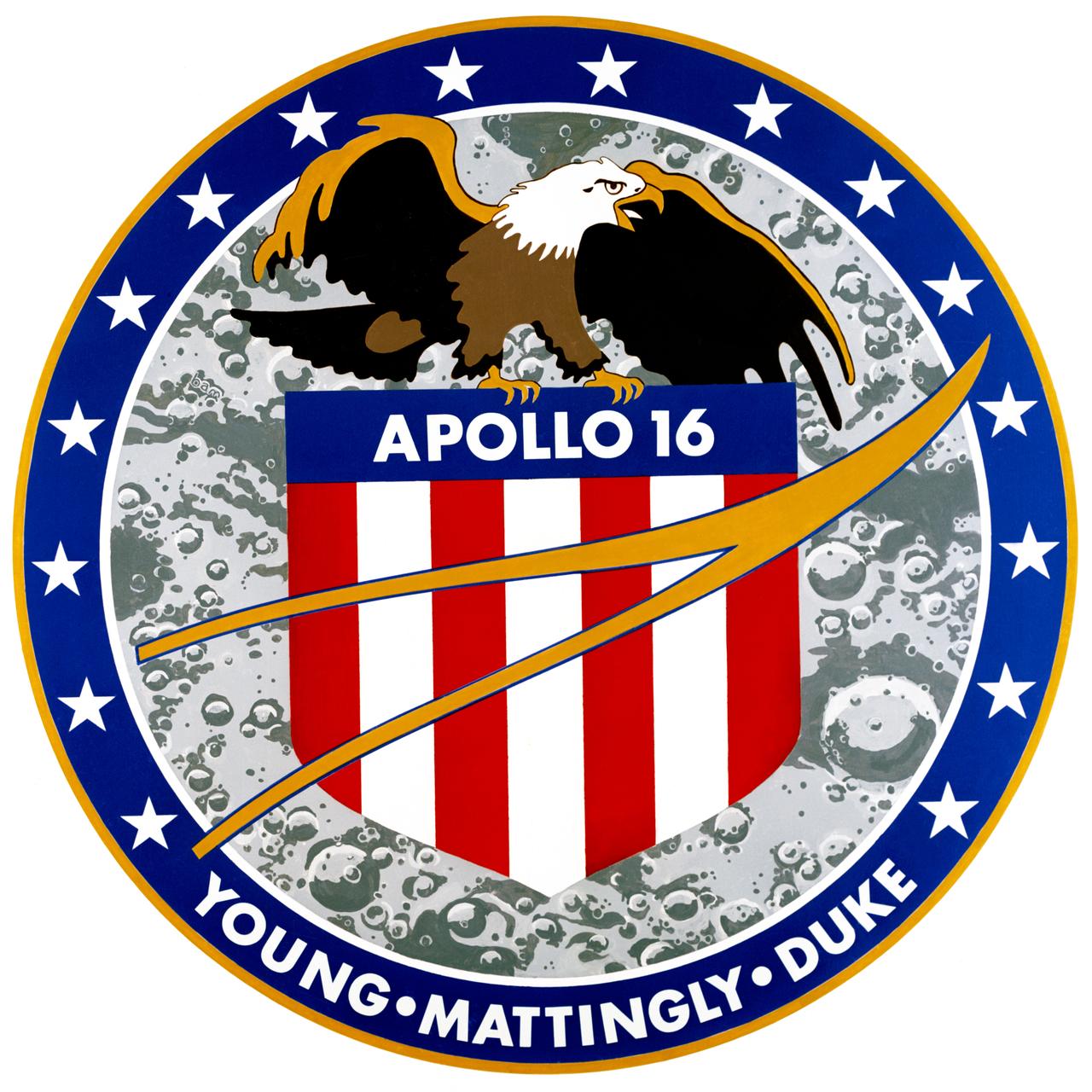 S71-56246 (November 1971) --- The Apollo 16 crew patch is dominated by an eagle perched atop a red, white and blue shield a superimposed on a lunar scene, surrounded by a blue circle of 16 stars with the crew's surnames completing the bottom are of the circle. Across the face of the shield is a gold symbol of flight outlined in blue, similar to that on the National Aeronautics and Space Administration (NASA) agency seal and insignia. The design was created by a NASA artist from ideas submitted by the three crew men: astronauts John W. Young, commander; Thomas K. Mattingly II, command module pilot; and Charles M. Duke Jr., lunar module pilot. This is the official Apollo 16 emblem, a property of the government of the United States. It has been authorized only for use by the astronauts. Its reproduction in any form other than in news, information and education media is not authorized without approval. Unauthorized use is subject to the provisions of Title 18, U.S. Code, Section 701.