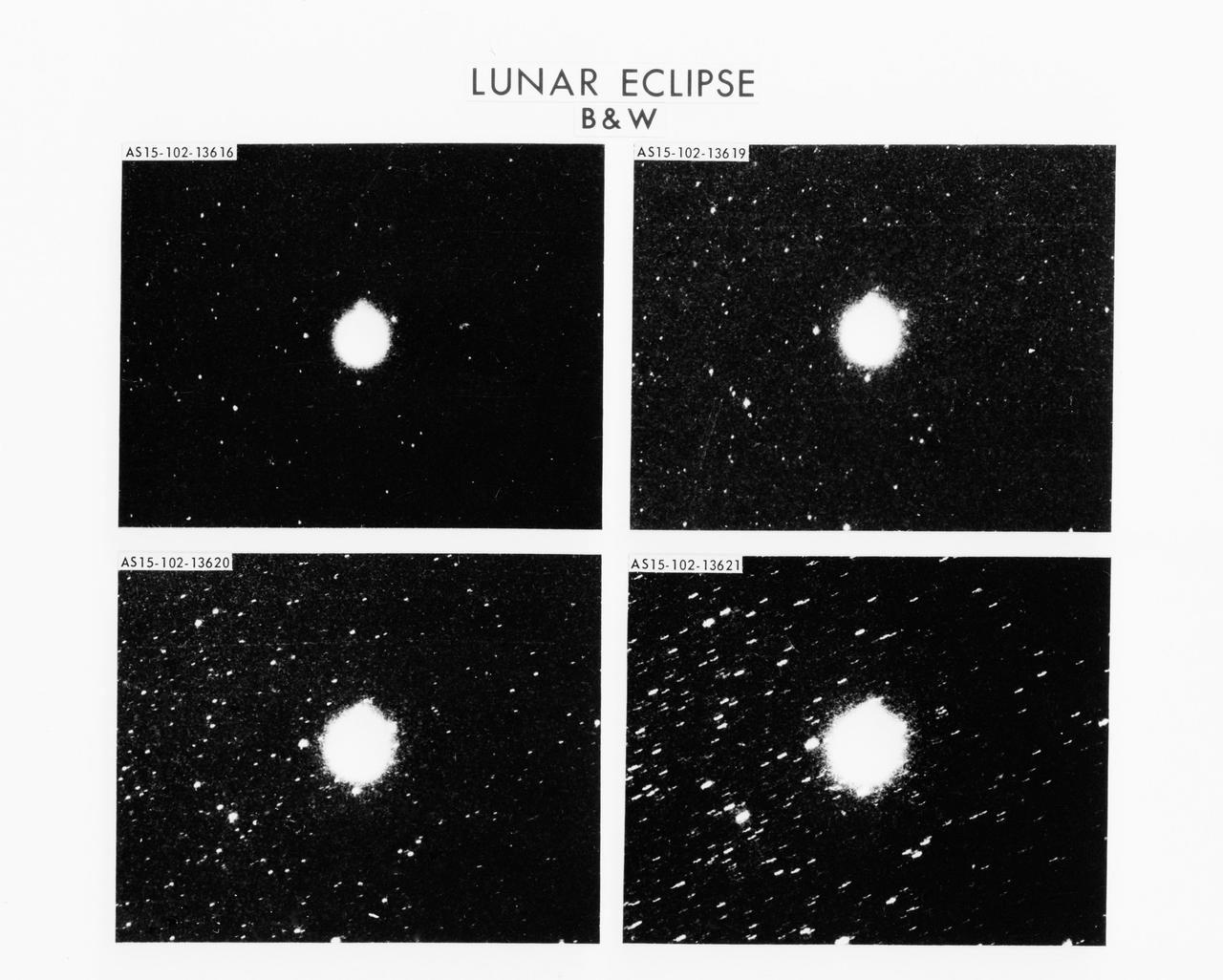 S71-58222 (31 July-2 Aug. 1971) --- During the lunar eclipse that occurred during the Apollo 15 lunar landing mission, astronaut Alfred M. Worden, command module pilot, used a 35mm Nikon camera to obtain a series of 15 photographs while the moon was entering and exiting Earth's umbra. Although it might seem that there should be no light on the moon when it is in Earth's shadow, sunlight is scattered into this region by Earth's atmosphere. This task was an attempt to measure by photographic photometry the amount of scattered light reaching the moon. The four views from upper left to lower right were selected to show the moon as it entered Earth's umbra. The first is a four-second exposure which was taken at the moment when the moon had just entered umbra; the second is a 15-second exposure taken two minutes after entry; the third, a 30-second exposure three minutes after entry; and the fourth is a 60-second exposure four minutes after entry. In all cases the light reaching the moon was so bright on the very high speed film (Eastman Kodak type 2485 emulsion) that the halation obscures the lunar image, which should be about one-third as big as the circle of light. The background star field is clearly evident, and this is very important for these studies. The spacecraft was in full sunlight when these photographs were taken, and it was pointed almost directly away from the sun so that the windows and a close-in portion of the camera's line-of-sight were in shadow. The environment around the vehicle at this time appears to be very "clean" with no light scattering particles noticeable.