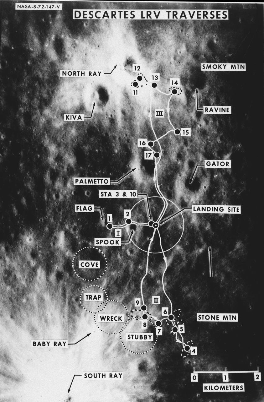 S72-00147 (January 1972) --- An almost vertical view of the Apollo 16 Descartes landing area, as photographed from the Apollo 14 spacecraft. Overlays are provided to point out extravehicular activity (EVA) Lunar Roving Vehicle (LRV) traverse routes and the nicknames of features. Hold picture with South Ray Crater in lower left corner. North will then be at the top. The Roman numerals indicate EVA numbers and the Arabic numbers point out stations or traverse stops.