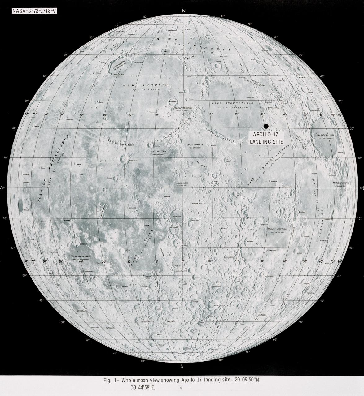 S72-01718 (July 1972) --- A photographic illustration of a full moon showing the location of the Apollo 17 landing site on the lunar nearside. The black dot pinpointing the landing site is in the Taurus-Littrow area at the southeastern edge of the Sea of Serenity. The coordinates of the landing point are 30 degrees 44 minutes 58 seconds east longitude and 20 degrees 9 minutes 50 seconds north latitude.