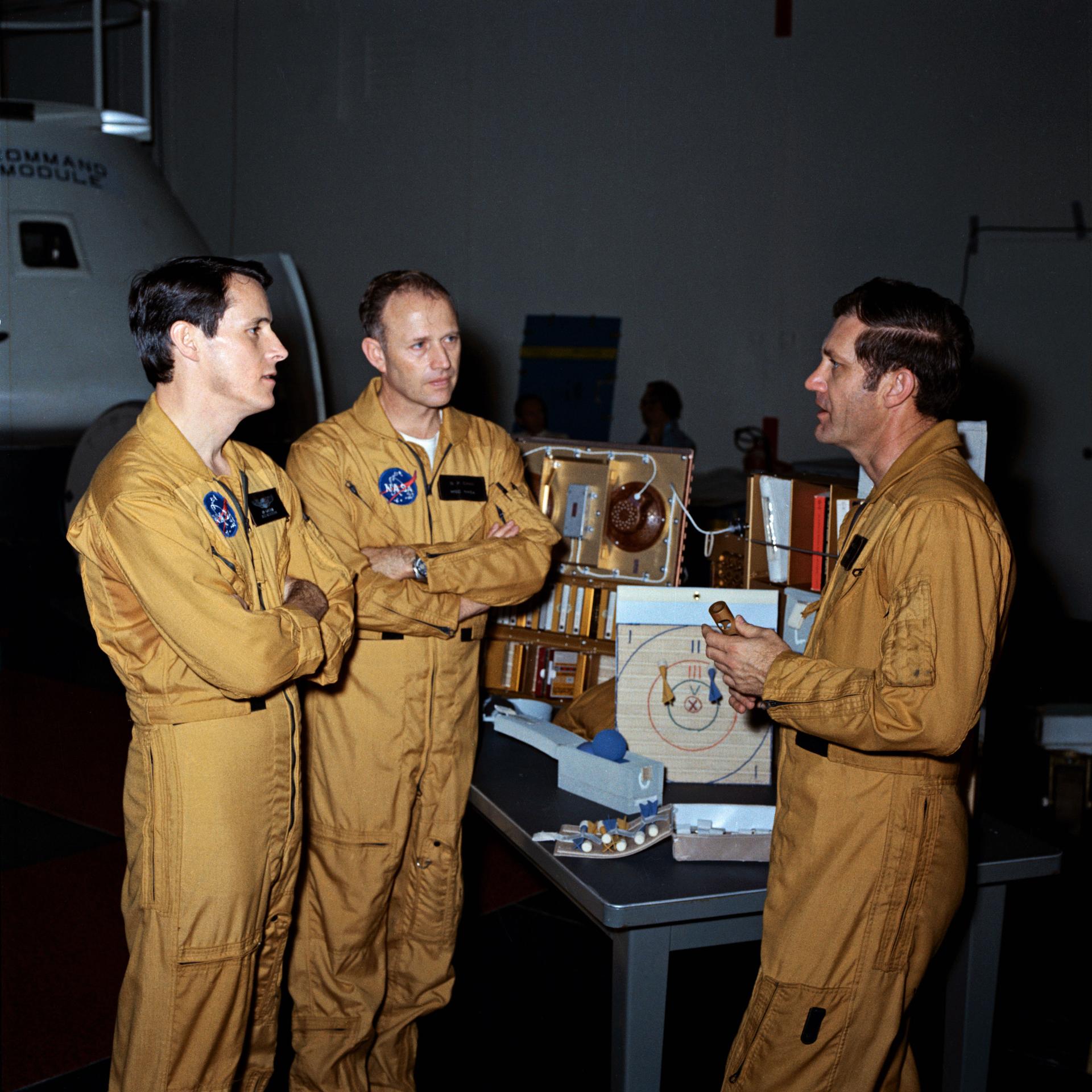 The Skylab 4 crew—Edward G. Gibson, Gerald P. Carr, and William R. Pogue—talk together.