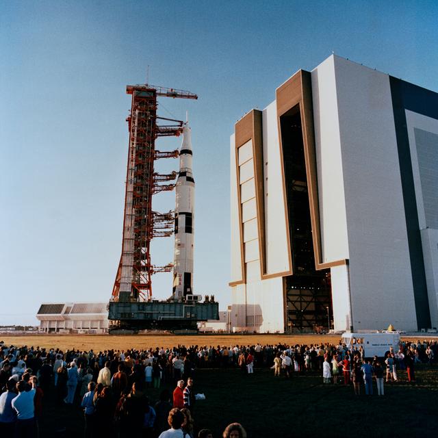 NASA image: View of Apollo 16 space vehicle on way from VAB to Pad A, Launch Complex 39