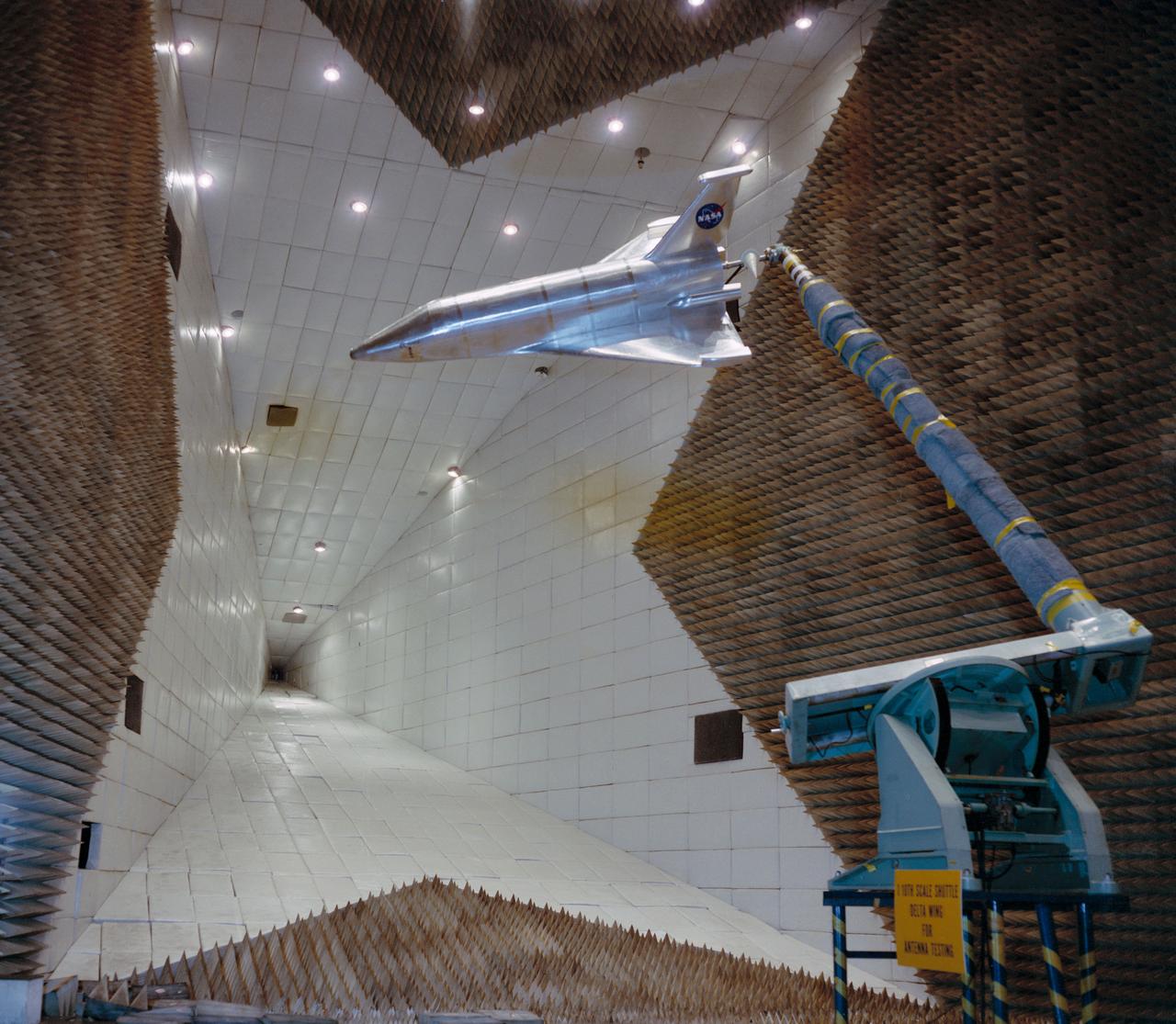1/10 Scale-Model (metal) inside the Anechoic Chamber, Bldg. 14.           1.  SHUTTLE - MODELS    MSC, HOUSTON, TX