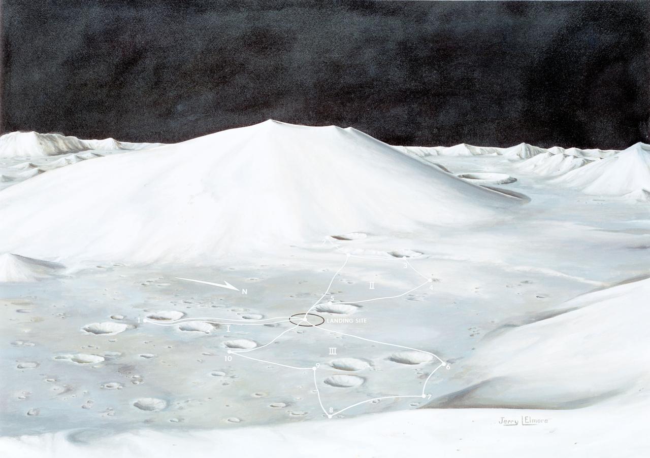 S72-49760 (October 1972) --- An artist's concept illustrating the topographical layout of the Taurus-Littrow landing site of the Apollo 17 lunar landing mission. The Lunar Module touchdown point is in the center of the smooth area in the middle of the picture. The imposing mountain in the center is South Massif. A portion of North Massif is in the lower right corner of the photograph. Note the ridge-like feature extending from South Massif to North Massif. The southern portion of the ridge is called Lee Scarp and the northerly portion Lincoln Scarp. (This concept is by JSC artist Jerry Elmore).