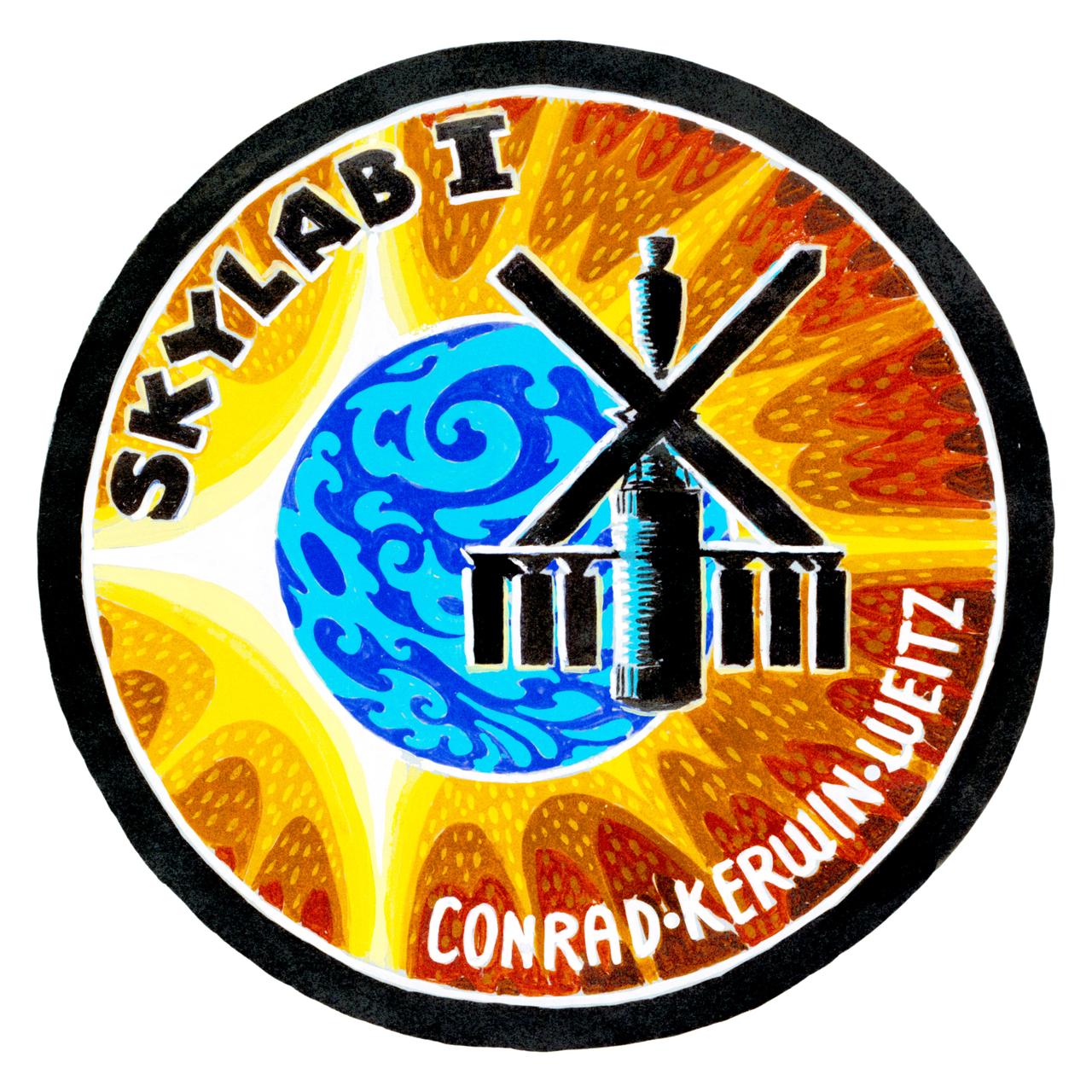 S72-52630 (February 1972) --- This is the emblem for the first manned Skylab mission.  It will be a mission of up to 28 days. Skylab is an experimental space station consisting of a 100-ton laboratory complex in which medical, scientific and technological experiments will be performed in Earth orbit. The prime crew of this mission will be astronaut Charles Conrad Jr., commander; scientist-astronaut Joseph P. Kerwin, science pilot; and astronaut Paul J. Weits, pilot. The patch, designed by artist Kelly Freas, shows the Skylab silhouetted against the Earth's globe, which in turn is eclipsing the sun--showing the brilliant signet-ring pattern of the instant before the total eclipse. Photo credit: NASA