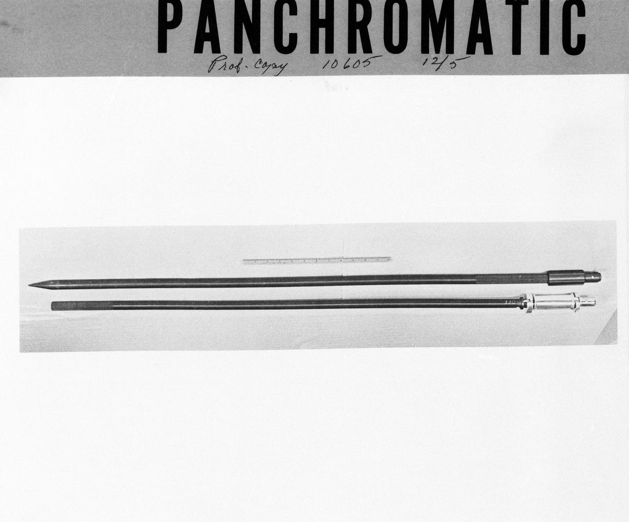S72-53949 (November 1972) --- The upper and bottom sections of the Lunar Neutron Probe Experiment (S-229), in a stowed configuration, which will be used at the Taurus-Littrow landing site by the Apollo 17 crewmen. The purpose of this experiment is to measure neutron capture rates in the lunar regolith, measure variation of neutron capture rates as a function of depth beneath the lunar surface, and gain information on the lunar neutron energy spectrum.