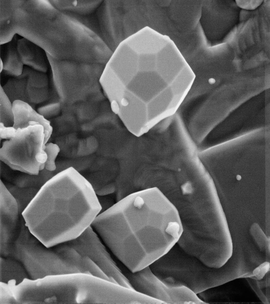 A scanning electron microscope photograph of iron crystals which grow in a small vug or cavity in a recrystallized breccia (fragmented rock) from the Apollo 15 Hadley-Apennino lunar landing site. The largest crystal is three microns across. Perfectly developed crystals such as these indicate slow formation from a hot vapor as the rock was cooling. The crystals are resting on an interlocking lattice of pyroxene (calsium-magnesium-iron silicate).