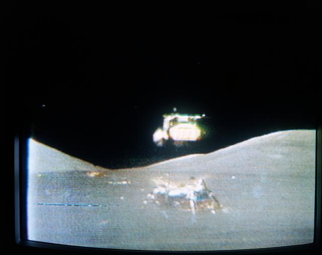 NASA image: Apollo 17 lunar module "Challenger" liftoff from Taurus-Littrow landing site
