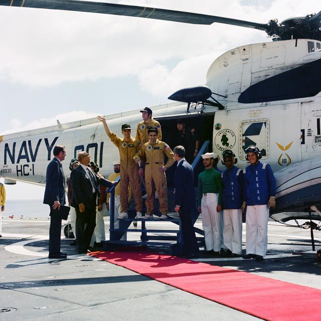 NASA image: Apollo 17 crew arrive aboard the U.S.S. Ticonderoga