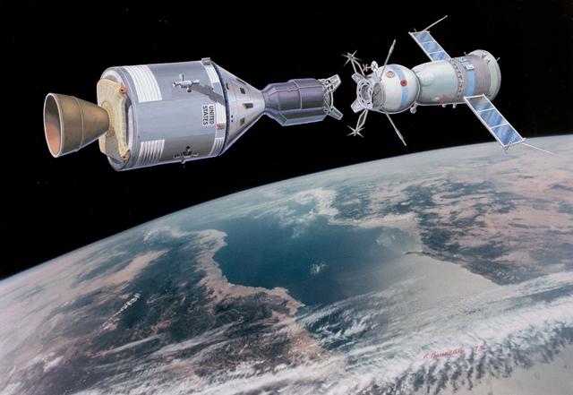 NASA image: Artist's concept of Apollo/Soyuz spacecraft docking approach