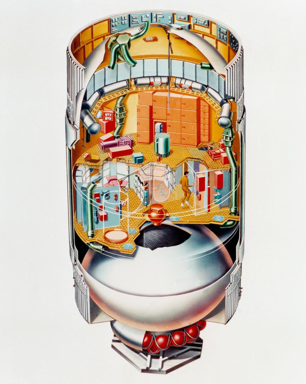S73-24316 (May 1973) --- An artist's concept illustrating a cutaway view of the Skylab 1 Orbital Workshop (OWS). The OWS is one of the five major components of the Skylab 1 space station cluster which was launched by a Saturn V on May 14, 1973 into Earth orbit. Photo credit: NASA