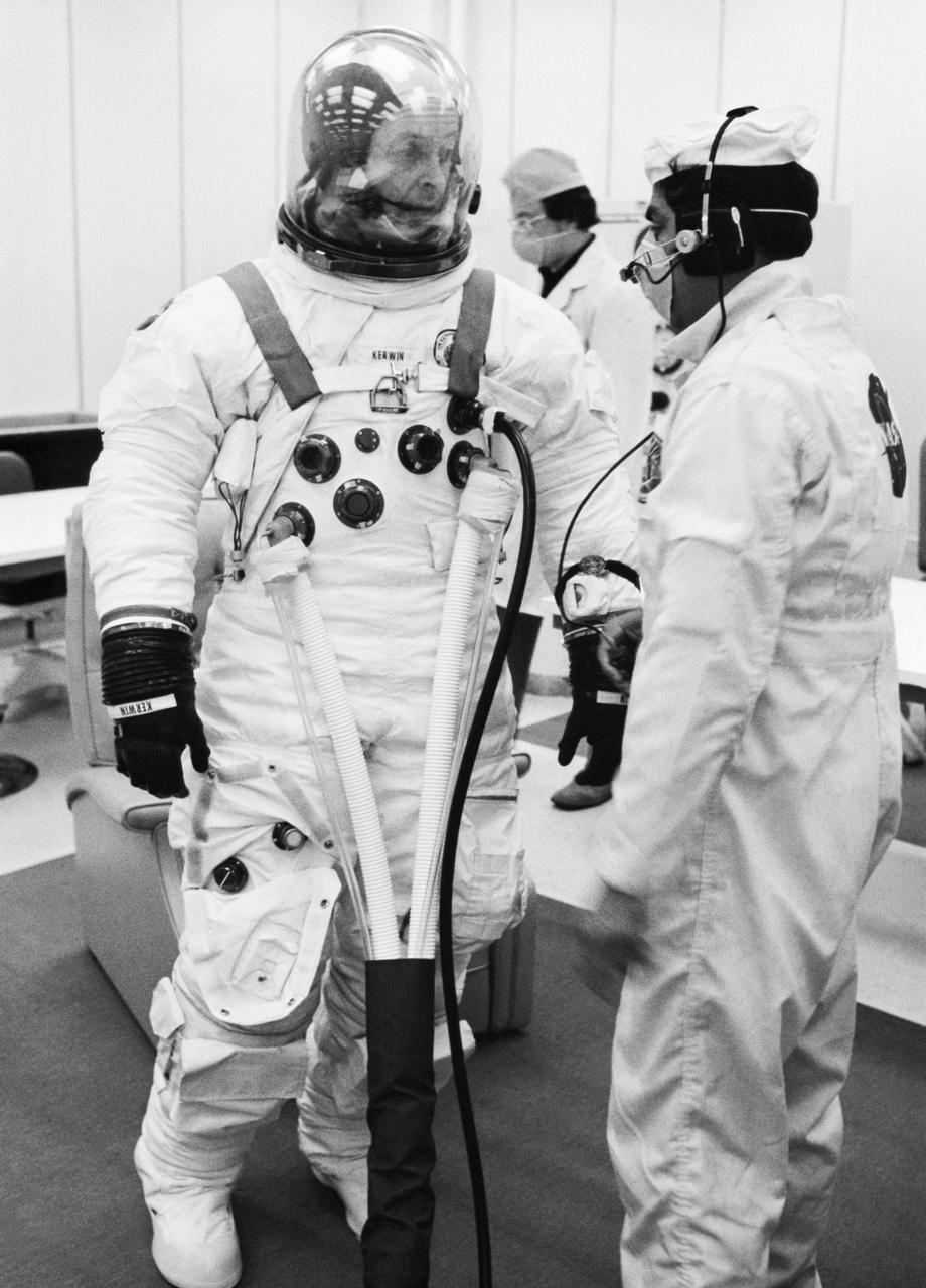 S73-25900 (25 May 1973) --- Scientist-astronaut Joseph P. Kerwin, science pilot of the Skylab 2 mission, is suited up in the Manned Spacecraft Operations Building at the Kennedy Space Center during Skylab 2 prelaunch preparations. Photo credit: NASA