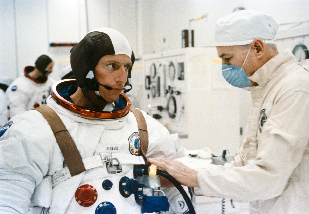 S73-25901 (25 May 1973) --- Astronaut Charles Conrad Jr., commander of the Skylab 2 mission, is suited up in the Manned Spacecraft Operations Building at the Kennedy Space Center during Skylab 2 prelaunch preparations. Skylab 2, with astronauts Conrad, Joseph P. Kerwin and Paul J. Weitz aboard, was launched from KSC's Pad B, Launch Complex 39, at 9:00 a.m. (EDT), May 25, 1973. Photo credit: NASA