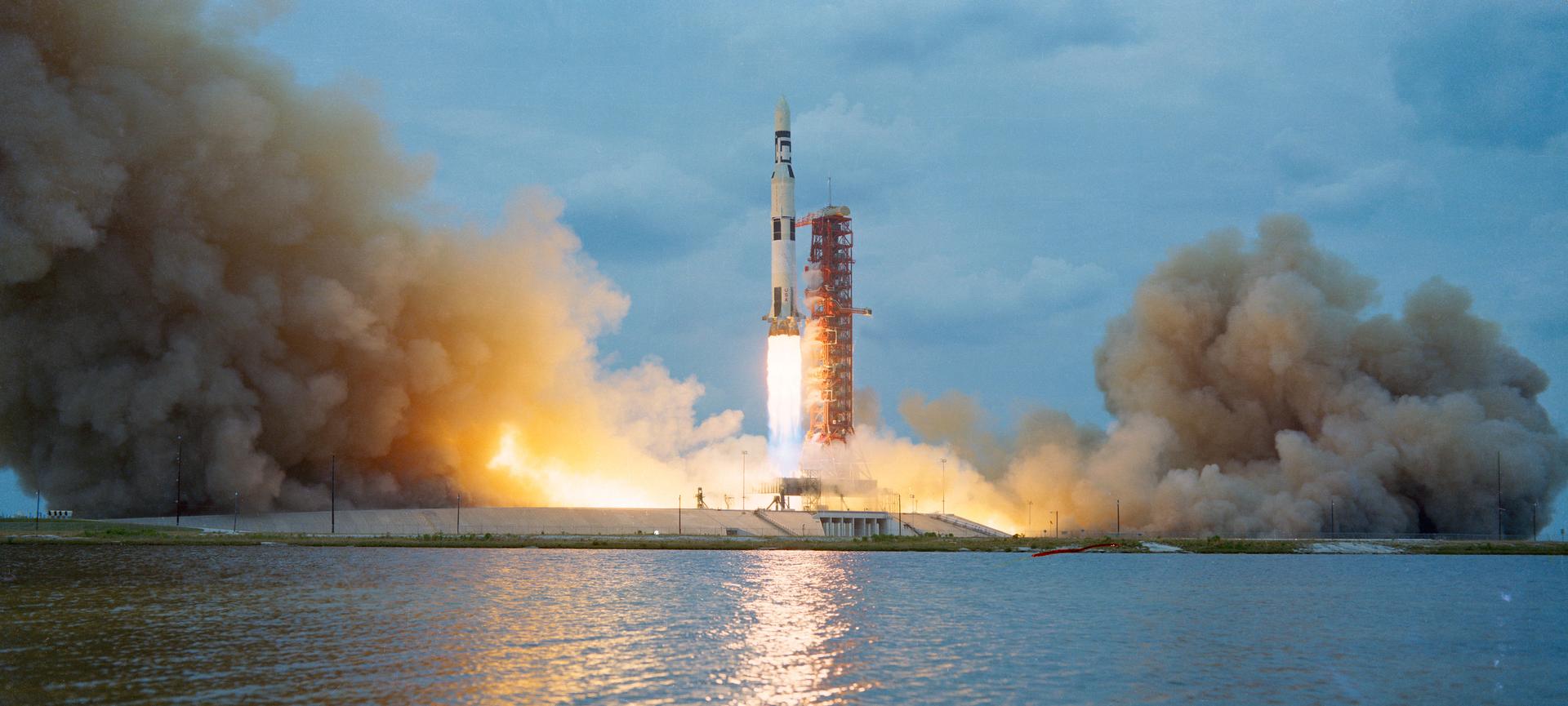 The Skylab 1/Saturn V space vehicle is seen lifiting off from Pad A, Launch Complex 39 at Kennedy Space Center in Floriday on a cloudy day.