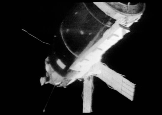 NASA image: View of the Skylab 1 space station cluster from the Skylab 2 Command Module