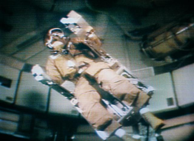 NASA image: Astronaut Alan Bean flies the Astronaut Maneuvering Equipment in the OWS