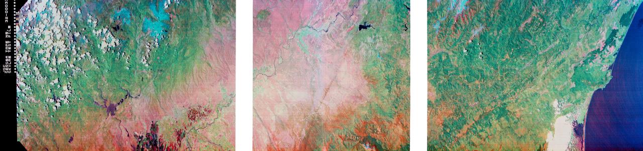 S73-34295 (June 1973) --- A vertical view of a portion of northern California reproduced from data taken from the Skylab Multispectral Scanner, experiment S192, in the Skylab space station in Earth orbit. This view is the most westerly one-third of Frame No. 001, Roll No. 518, S192, Skylab 2. Frame No. 001 extends from the Pacific coast at the Eureka area southeasterly 175 nautical miles to the Feather River drainage basin. Included in this view are Eureka, Trinidad, Klamath & Trinity Rivers and the Coastal Range mountains. This non-photographic image is a color composite of channels 2 (visible), 7, and 12 (infrared) from the Earth Resources Experiments Package (EREP) S192 scanner. The scanner techniques assist with spectral signature identification and mapping of ground truth targets in agriculture, forestry, geology, hydrology and oceanography. Photo credit: NASA