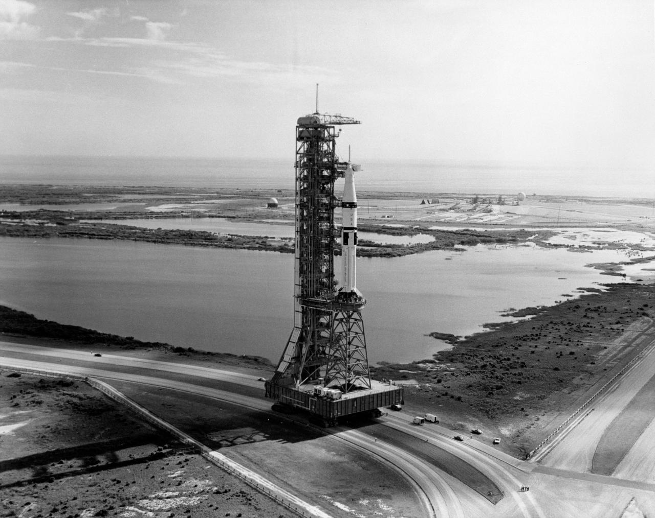 S73-34369 (14 Aug. 1973) --- A Saturn 1B launch vehicle is rolled to Launch Complex 39, Pad B. The space vehicle, to be launched by the Saturn 1B, will carry the third Skylab crew (Skylab 4) to the now-orbiting Orbital Workshop (OWS) and the other four components making up the cluster. The Skylab crewmen, astronaut Gerald P. Carr, commander; scientist-astronaut Edward G. Gibson, science pilot; and astronaut William R. Pogue, pilot, are scheduled to be launched from here in November 1973. Photo credit: NASA