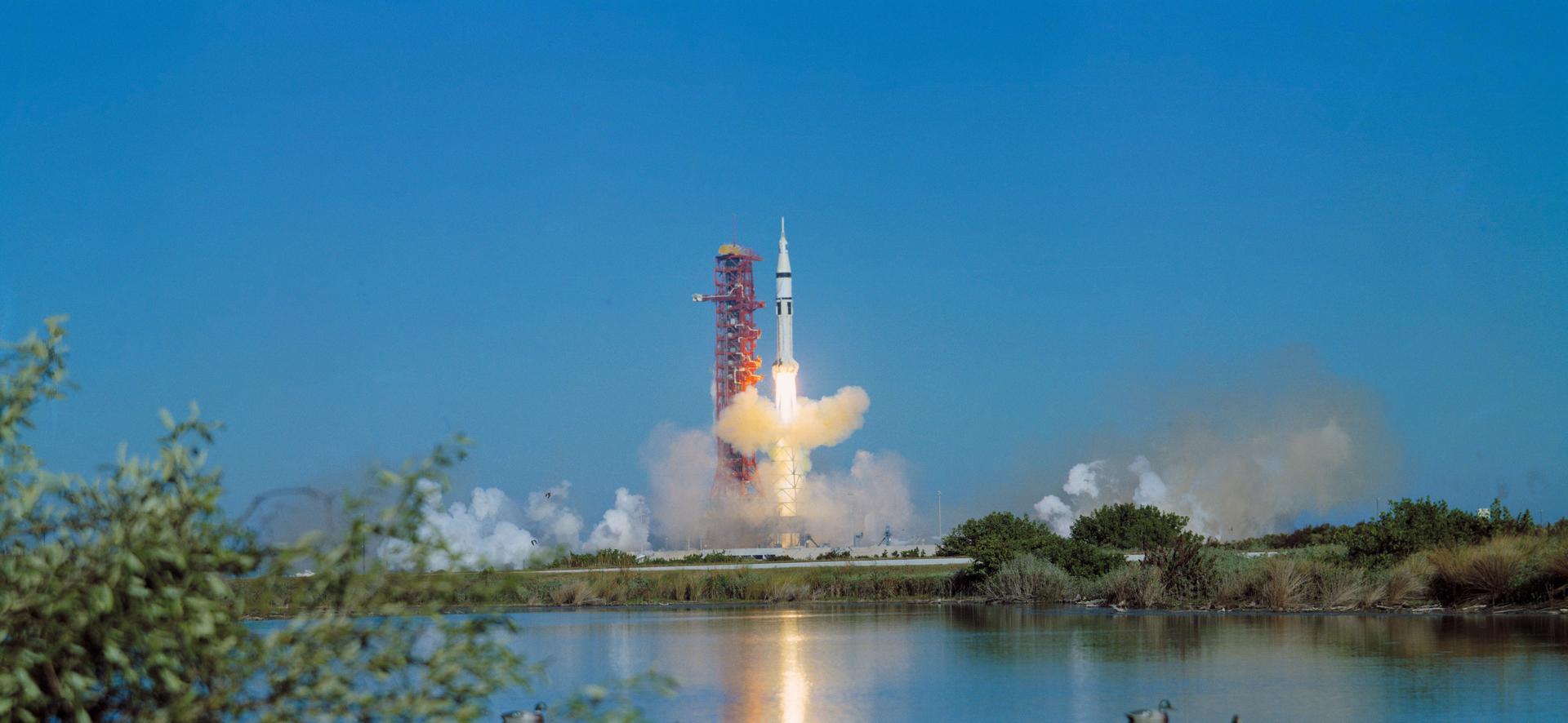 The Skylab 4/Saturn 1-B space vehicle is launched from Kennedy Space Center on a cloudless day.