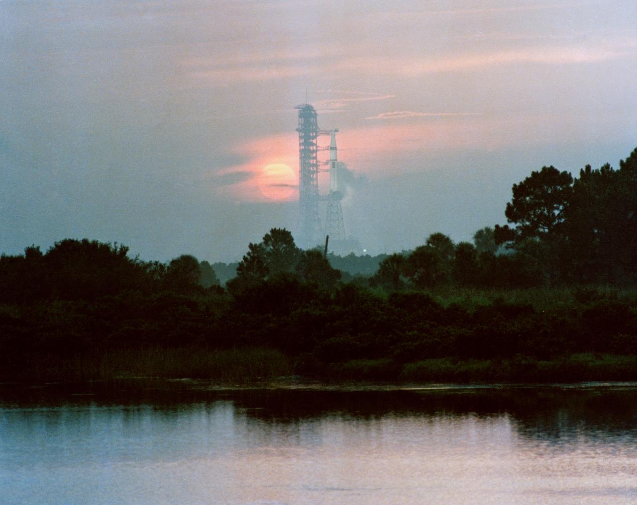S73-37929 (16 Nov. 1973) --- A sunrise view at the Kennedy Space Center showing in the near distance the Skylab 4/Saturn 1B space vehicle on Pad B, Launch Complex 39, on the morning of the launch. The liftoff was at 9:01:23 a.m. (EST), Friday, Nov. 16, 1973. Skylab 4 is the third and last of three scheduled manned Skylab missions. Aboard the Skylab 4 Command/Service Module were astronauts Gerald P. Carr, Edward G. Gibson and William R. Pogue. This picture was photographed by astronaut Bruce McCandless II. Photo credit: NASA