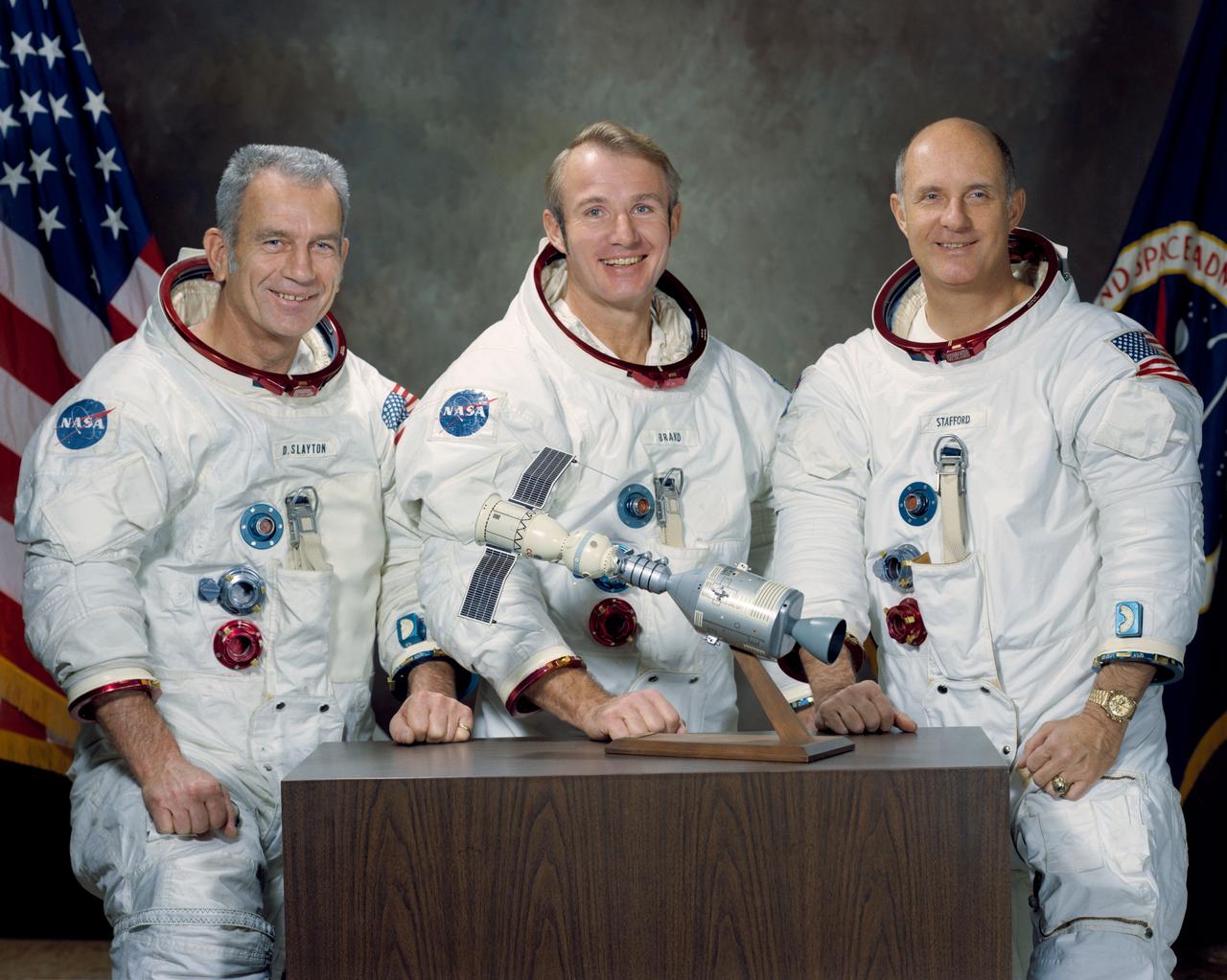 S74-15241 (January 1974) --- These three NASA astronauts are the United States flight crew for the 1975 Apollo-Soyuz Test Project (ASTP) mission. The prime crew members for the joint United States - Soviet Union spaceflight are, left to right, Donald K. Slayton, docking module pilot; Vance D. Brand, command module pilot; and Thomas P. Stafford, commander. The American and Soviet crews will visit one another?s spacecraft while the Soyuz and Apollo are docked in Earth orbit for a maximum of two days. The ASTP mission is designed to test equipment and techniques that will establish international crew rescue capability in space, as well as permit future cooperative scientific missions.