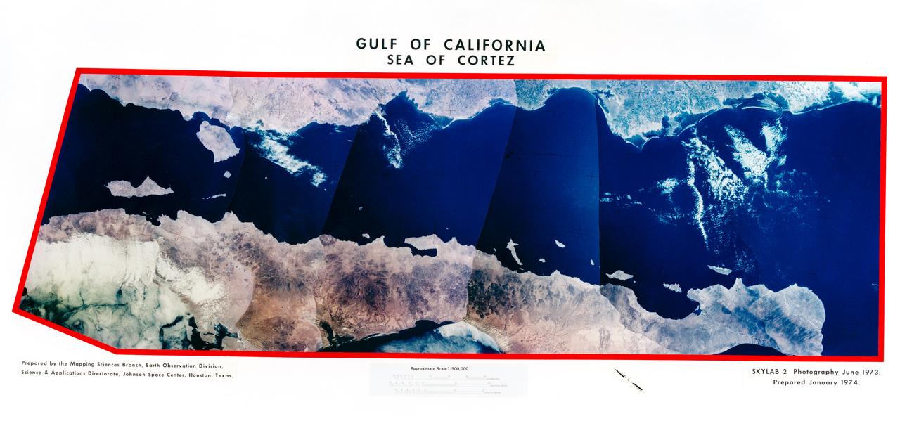 S74-23654 (22 June 1973) --- This mosaic of Baja and the Sea of Cortez in Mexico (28.0N, 112.0W) is a composite of six 70mm photos carefully pieced together to appear as one. Mosaics such as this one are useful to portray a large area in a single format instead of many photos covering only partial images. In this mosaic, almost the entire area of the Sea of Cortez, the adjacent Baja Peninsula and part of the Sonoran Desert of northwest Mexico can be seen. Photo credit: NASA