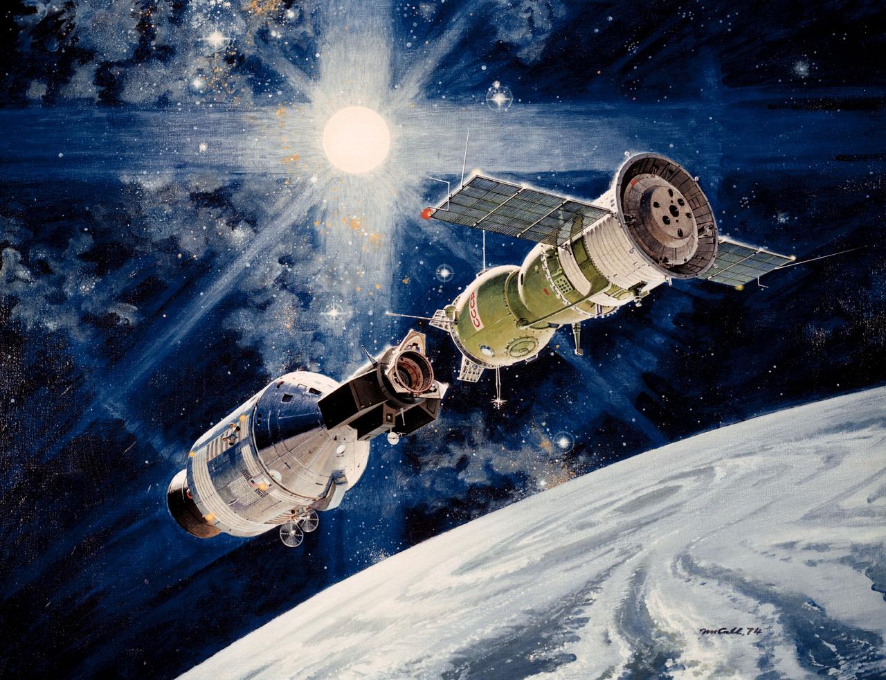 S74-24913 (August 1973) --- An artist's concept illustrating an Apollo-type spacecraft (left) about to dock with a Soviet Soyuz-type spacecraft. A recent agreement between the United States (USA) and the Union of Soviet Socialist Republic (USSR) provides for the docking in space of the Soyuz and Apollo-type spacecraft in Earth orbit in 1975. The joint space venture is called the Apollo-Soyuz Test Project (ASTP).
