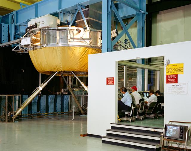 NASA image: Overall view of test set-up in bldg 13 at JSC during docking set-up tests