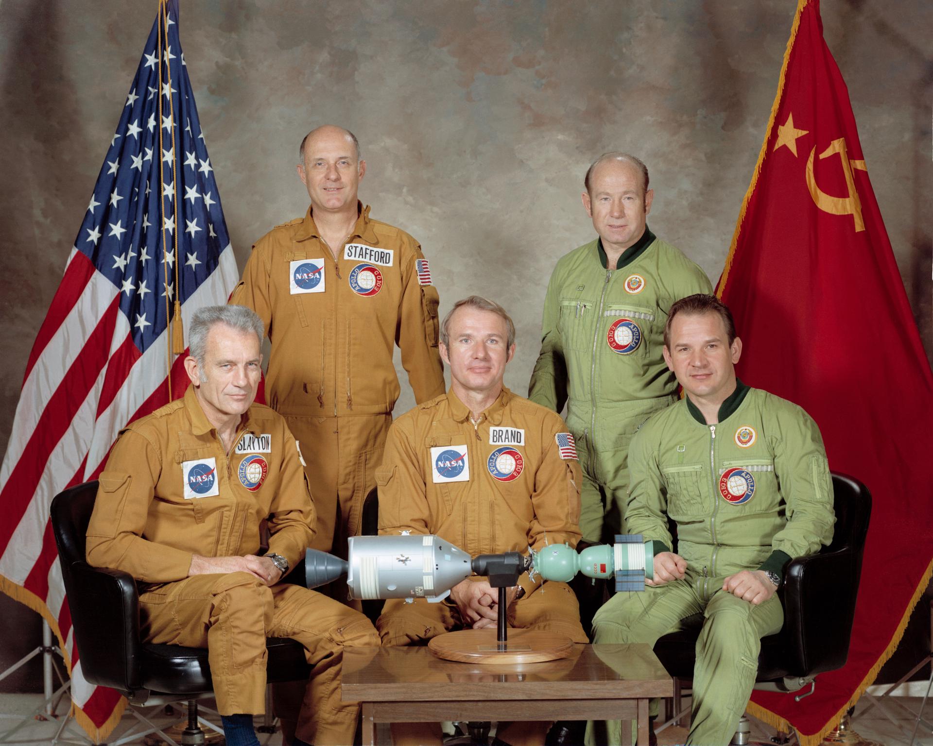 Official portrait of the 5 men, 3 American astronauts and 2 Soviet cosmonauts that participated in the Apollo-Soyuz Test Project