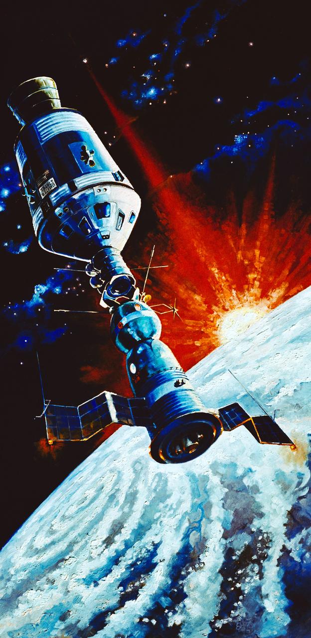S75-25077 (May 1975) --- A photographic copy of a painting made by cosmonaut Aleksey A. Leonov, commander of the Soviet ASTP first (prime) crew. This symbolic artwork, representing a Soviet Soyuz spacecraft docking in Earth orbit with an American Apollo spacecraft, was finished in May 1974. The sketch for the painting was made in 1973 following the signing of the space agreement between the United Stated and the Soviet Union. Leonov said that his painting symbolizes the new type of international cooperation of working together in space. The original painting, which measures 80 centimeters by 160 centimeters (1 cm. = 0.39 in.), is on display in a museum in the city of Baku on the Caspian Sea. In making the sketch for the painting Leonov used a model of an earlier Soyuz spacecraft and a picture of an Apollo spacecraft. Later, he obtained a model of an Apollo which helped him check the configuration of the American spacecraft. The tanks on the Docking Module are no longer exposed on the current DM configuration, he noted. Also, this would not be an exact view of the sun as seen from Earth orbit. Leonov took artist license in stressing the symbolism in his artwork. The Soyuz is represented smaller in the painting than it actually is, Leonov added.