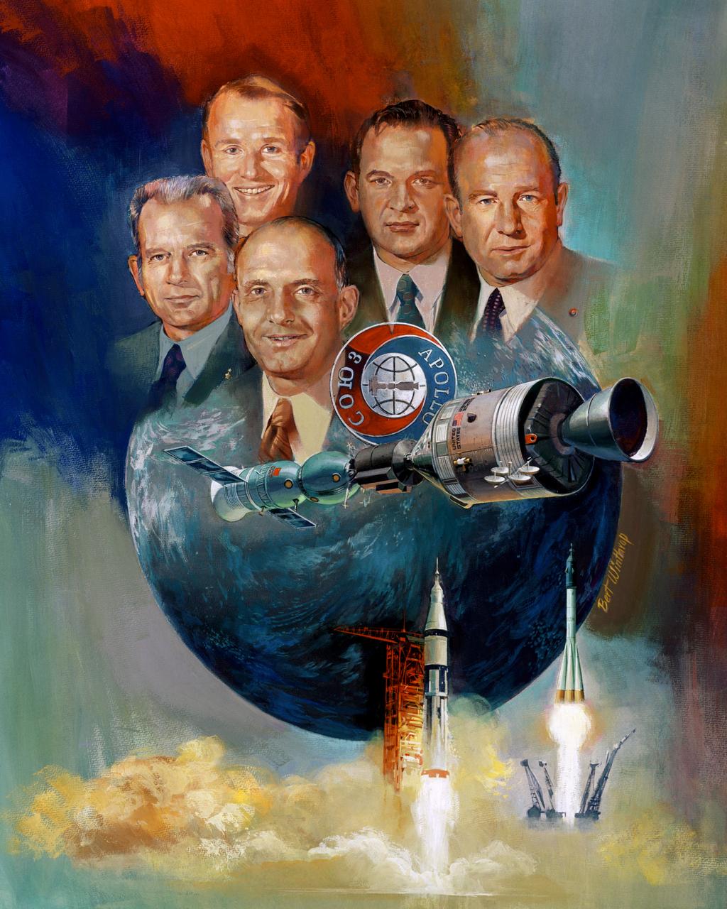S75-25941 (April 1975) --- An Apollo-Soyuz Test Project (ASTP) symbolic painting by artist Bert Winthrop of Rockwell International Space Division, Downey, California. The artwork is composed of the ASTP mission insignia, the docked Apollo-Soyuz spacecraft, and portraits of the five ASTP prime crewmen, all superimposed against Earth's sphere in the center of the picture. The launches of both the American ASTP space vehicle (on left) and the Soviet ASTP space vehicle are depicted in the lower right corner. The five crewmen are, clockwise from the ASTP emblem, astronaut Thomas P. Stafford, commander of the American crew; astronaut Donald K. Slayton, docking module pilot of the American crew; astronaut Vance D. Brand, command module pilot of the American crew; cosmonaut Valeriy N. Kubasov, engineer on the Soviet crew; and cosmonaut Aleksey A. Leonov, commander of the Soviet crew. The joint U.S.-USSR ASTP docking mission in Earth orbit is scheduled for July 1975.