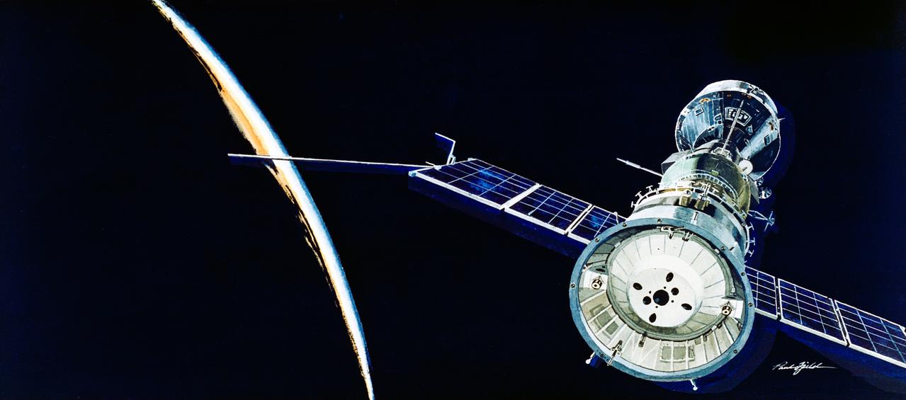 S75-27287 (May 1975) --- An artist?s concept depicting an American Apollo spacecraft docked with a Soviet Soyuz spacecraft in Earth orbit. This view is looking toward the aft end of Soyuz, with the Apollo in the background. Two solar panels protrude out from the instrument assembly module of the Soyuz. The glow on Earth?s horizon is seen on the left. During the joint U.S.-USSR Apollo-Soyuz Test Project mission, scheduled for July 1975, the American and Soviet crews will visit one another?s spacecraft while the Soyuz and Apollo are docked for a maximum period of two days. This artwork is by Paul Fjeld.