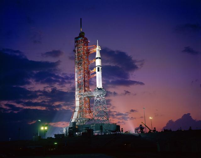 NASA image: Early morning view of Pad B, KSC with ASTP Apollo/Saturn space vehicle on pad