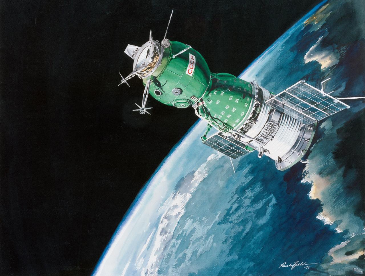 S75-28510 (July 1975) --- An artist?s concept depicting the Soviet ASTP Soyuz spacecraft in Earth orbit. The three major components of the Soyuz are the spherical-shaped Orbital Module on which the letters CCCP (USSR) are printed, the bell-shaped Descent Vehicle in the center, and the cylindrical-shaped Instrument Assembly Module from which two solar panels protrude. The docking system on the Orbital Module was specially designed to interface with the docking system on the Apollo?s Docking Module. The painting is by artist Paul Fjeld.