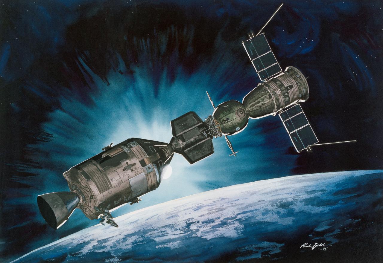 S75-28511 (July 1975) --- An artist?s concept depicting the American and Soviet spacecraft docked in Earth orbit during the July 1975 Apollo-Soyuz Test Project mission. The Apollo Command/Service Module is on the left, the Docking Module is in the center, and the Soyuz spacecraft is on the right. The first docking of spacecraft from two different nations was scheduled for July 17, 1975. The American and Soviet ASTP crewmen planned to visit each other?s spacecraft while Apollo and Soyuz are docked for a maximum period of two days. The docking system on the Docking Module and the docking system on the Soyuz Orbital Module are designed to interface with each other. The painting is by artist Paul Fjeld.