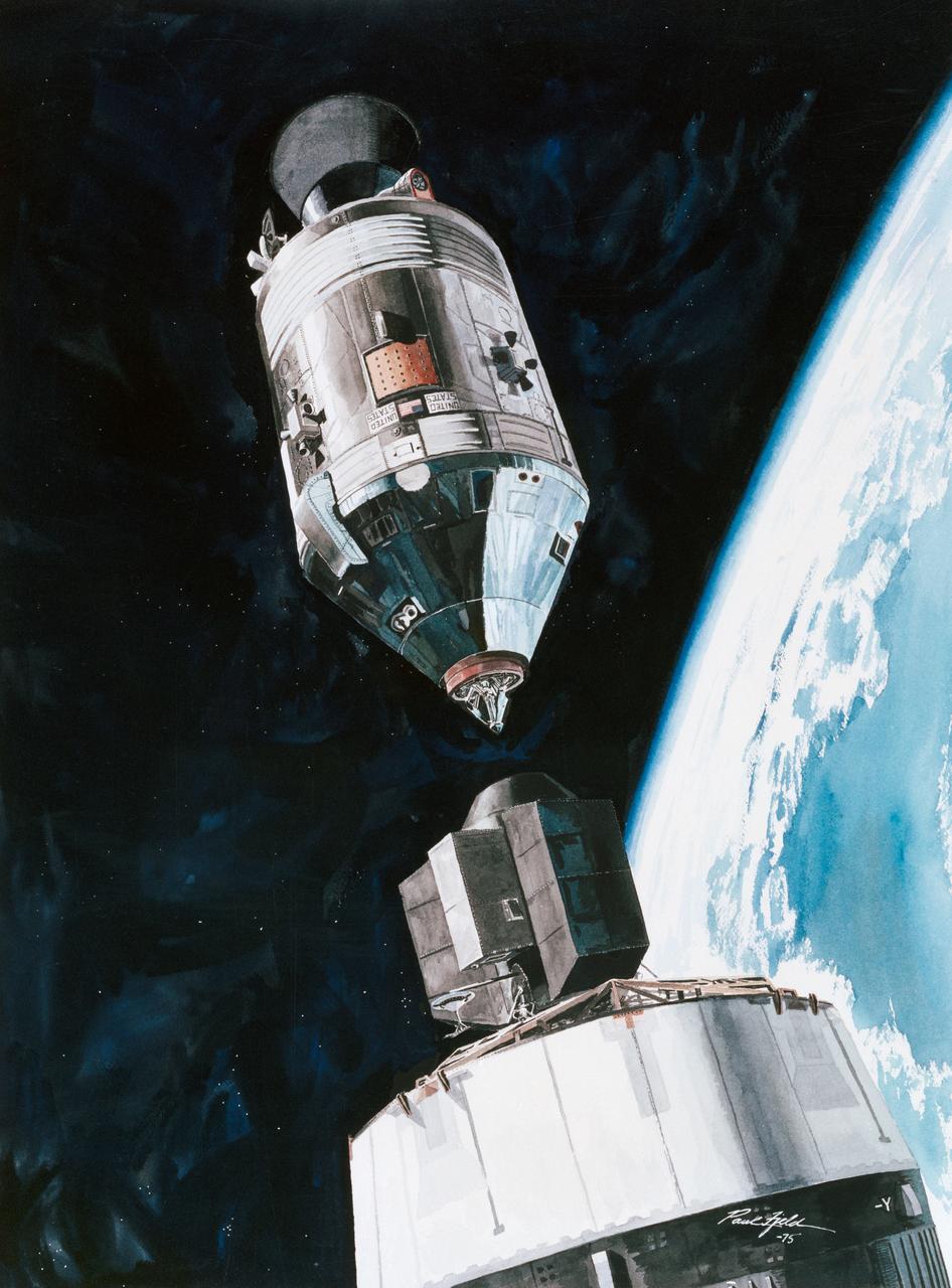 S75-28512 (July 1975) --- An artist?s concept depicting a scene in Earth orbit during the Apollo transposition and docking maneuvers of the Apollo-Soyuz Test Project mission. The Command/Service Module is moving into position to dock with the Docking Module. Following the docking the DM will be extracted from the expended Saturn IVB stage. The Docking Module is designed to link the American Apollo spacecraft with the Soviet Soyuz spacecraft.  This scene will take place some one hour and twenty-three minutes after the Apollo-Saturn 1B liftoff from the Kennedy Space Center on July 15, 1975. The Soyuz launch at 7:20 a.m. (CDT) from the Baikonur, Kazakhstan launch pad will precede the Apollo liftoff by seven and one-half hours. The artwork is by Paul Fjeld.