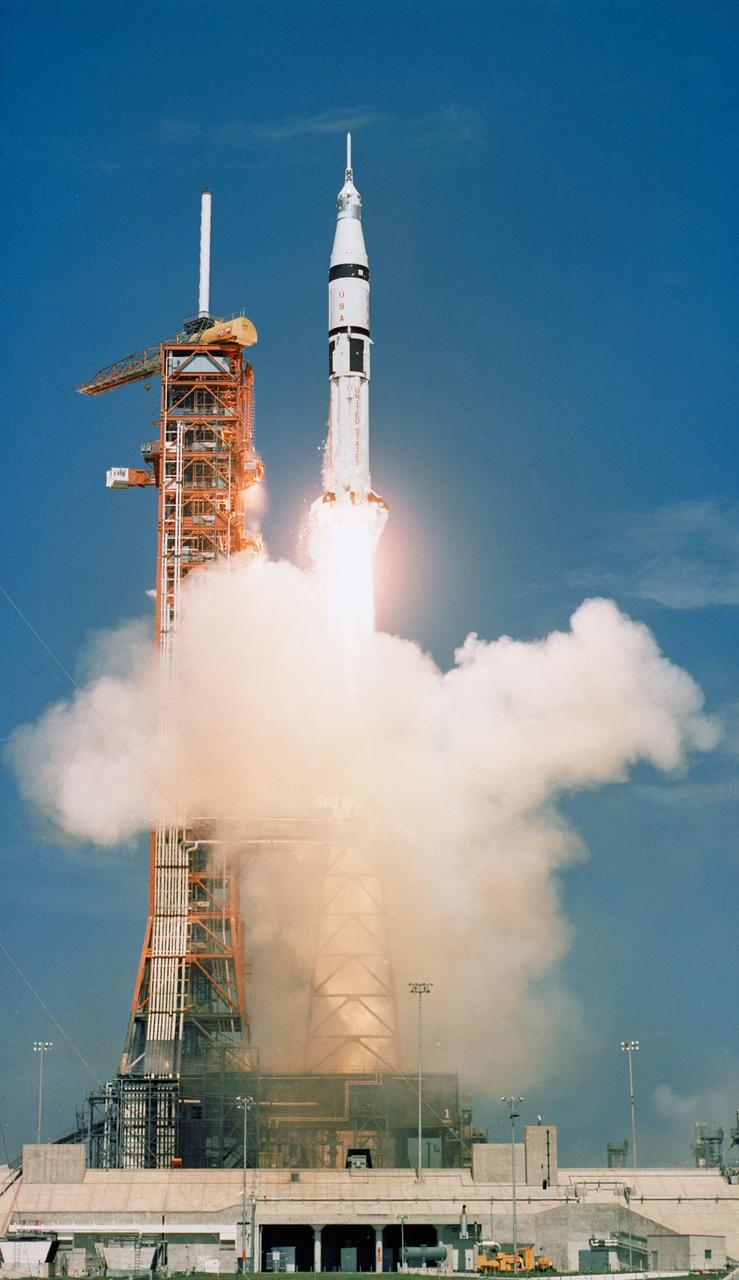 S75-28550 (15 July 1975) --- The Apollo-Soyuz Test Project's (ASTP) NASA Apollo/Saturn 1B space vehicle is launched from Pad B, Launch Complex 39, Kennedy Space Center (KSC), Florida, at 3:50 p.m. (EDT), July 15, 1975, to begin Apollo's catch-up journey toward the already Earth-orbiting Soviet Soyuz spacecraft.  Aboard the Apollo spacecraft were astronauts Thomas P. Stafford, Vance D. Brand and Donald K. (Deke) Slayton.