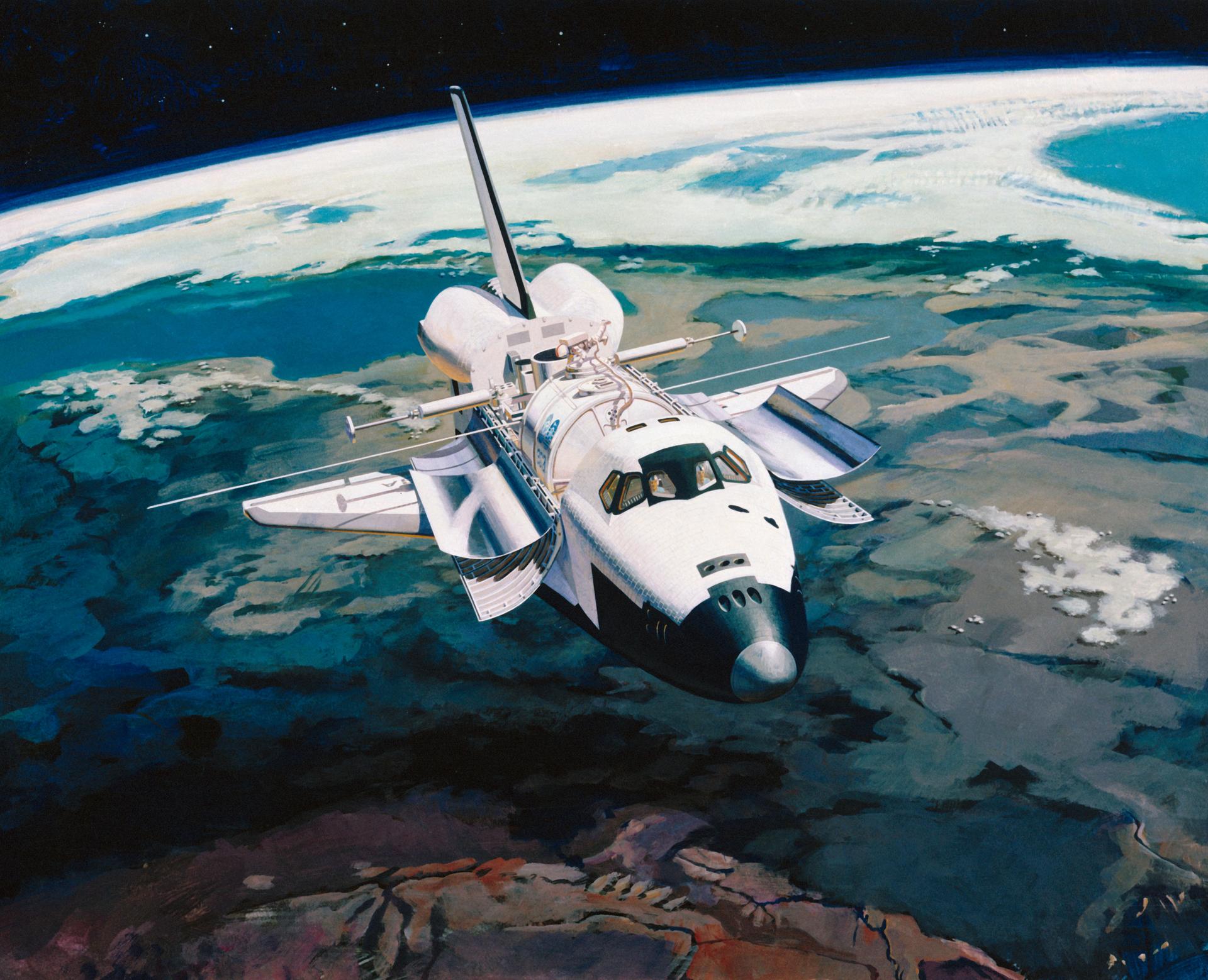 Concept art of the space shuttle in orbit