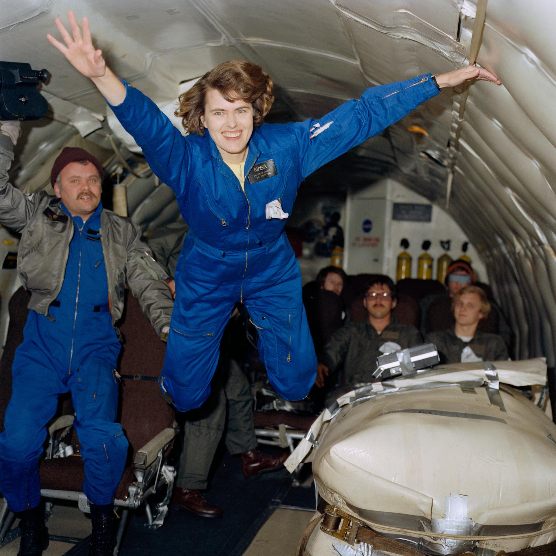 Astronaut candidate Shannon Lucid during a moment of weightlessness aboard the KC-135 aircraft